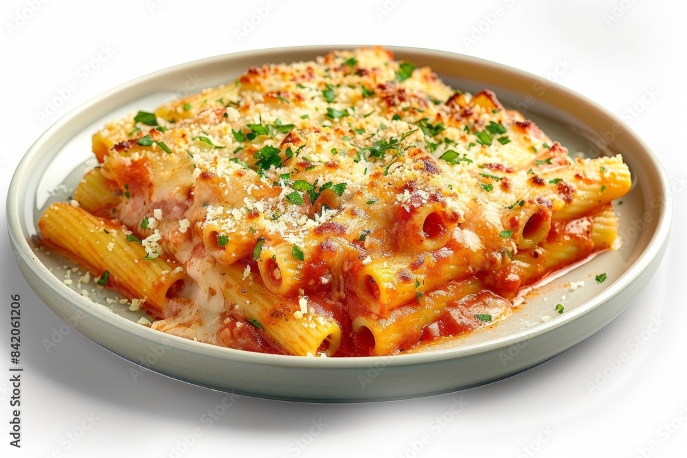 Tempting Baked Ziti with Melted Mozzarella and Fresh Parsley Garnish Tempting Baked Ziti with Melted Mozzarella and Fresh Parsley Garnish