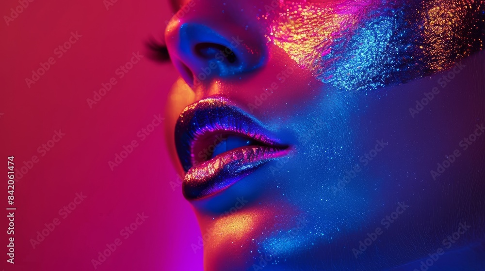 High Fashion model metallic silver lips and face woman in colorful bright neon uv blue and purple lights, posing in studio, beautiful girl, glowing make-up, colorful make up. Glitter Vivid neon makeup High Fashion model metallic silver lips and face woman in colorful bright neon uv blue and purple lights, posing in studio, beautiful girl, glowing make-up, colorful make up. Glitter Vivid neon makeup