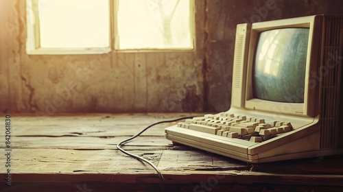 Side view of an old and obsolete computer on an old wooden table in vintage color tones.