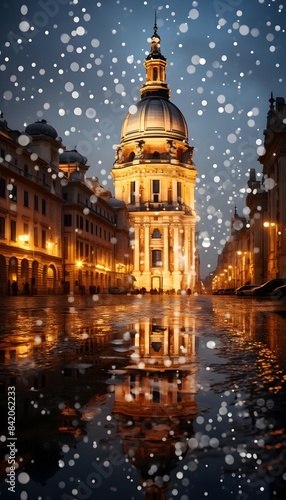 St. Stephen's Basilica in Budapest, Hungary with falling snow