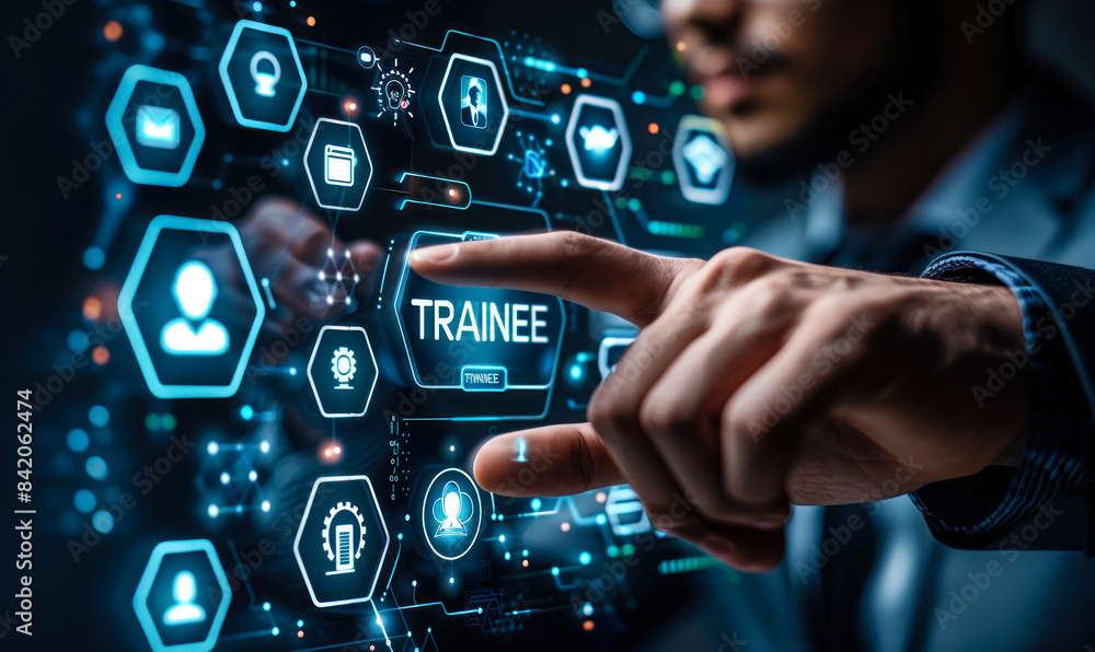 Businessman Interacting with Virtual Training and Development Icons Signifying Corporate Trainee Engagement Businessman Interacting with Virtual Training and Development Icons Signifying Corporate Trainee Engagement