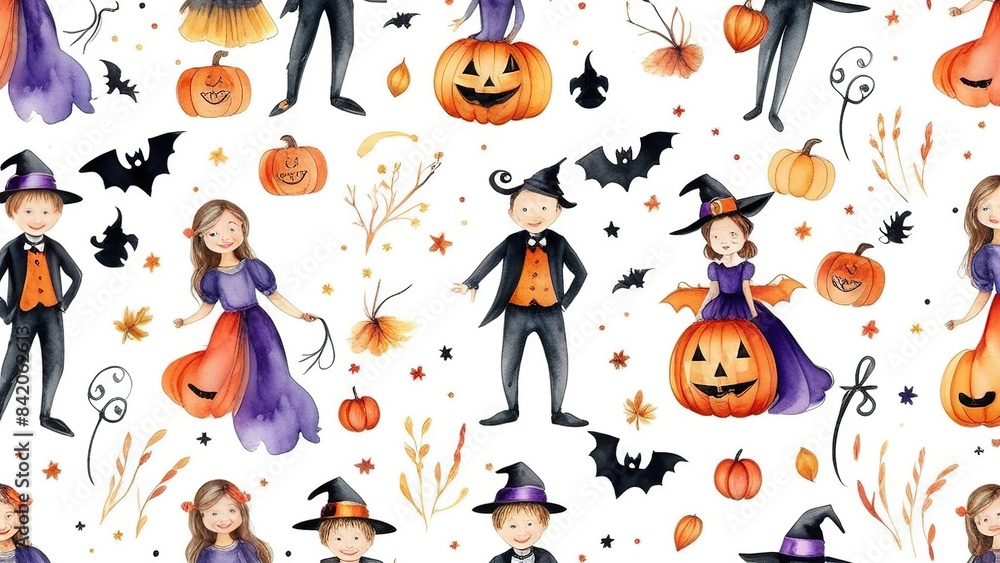 Obraz premium Halloween pattern, boys and girls in Halloween costumes, pumpkins, bats and ghosts on a white background, Halloween wallpaper or background