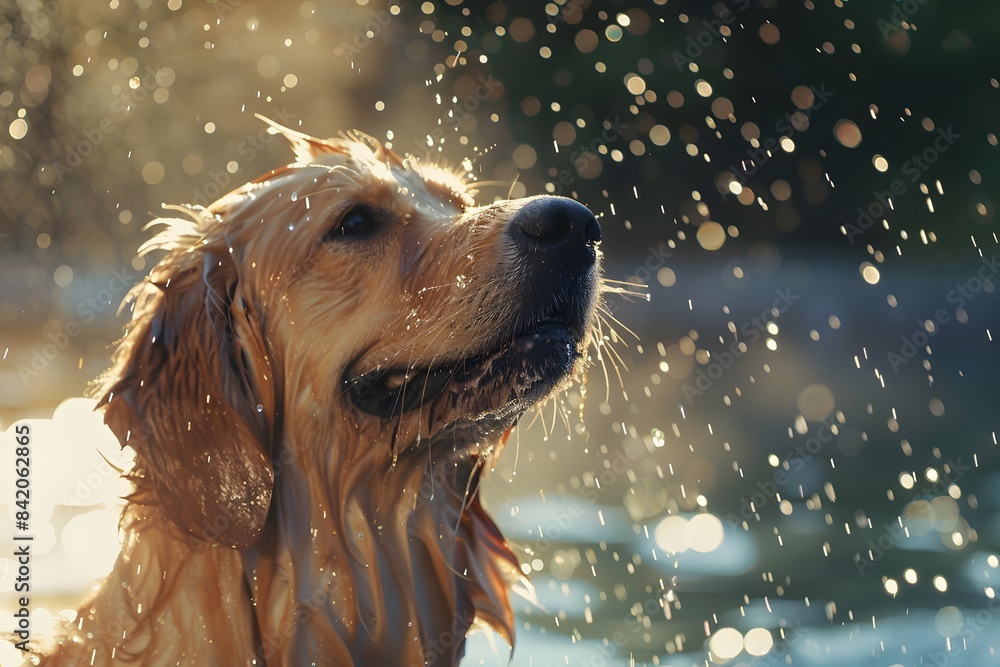 The dog bathes in splashes of water. Awkward Pet Portrait. The dog bathes in splashes of water. Awkward Pet Portrait.