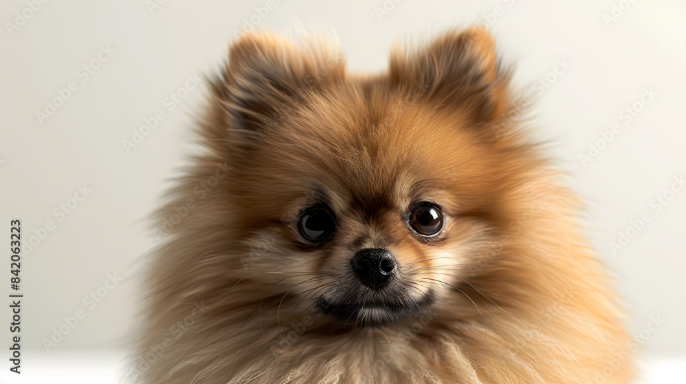 Beautiful playful Spitz dog lies on a light background with copy space. Looking at the camera. Beautiful playful Spitz dog lies on a light background with copy space. Looking at the camera.