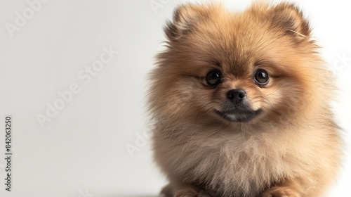 Beautiful playful Spitz dog lies on a light background with copy space. Looking at the camera.