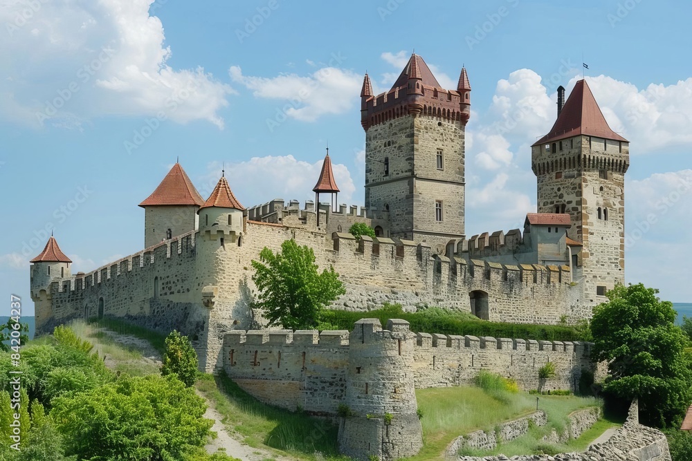 Historic castle with medieval architecture, turrets, stone walls, scenic landscape Historic castle with medieval architecture, turrets, stone walls, scenic landscape