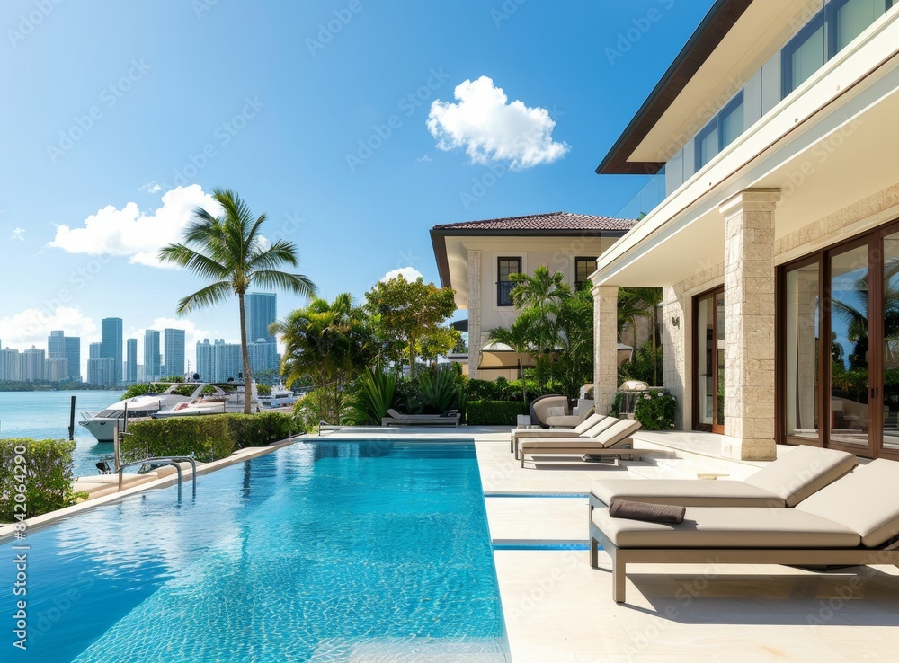 Φωτογραφία Beautiful Miami home with pool and city skyline view, shot from the backyard of