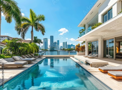 Beautiful Miami home with pool and city skyline view, shot from the backyard of luxury mansion in the style of Cape Rock on B neutral colors © DWN Media