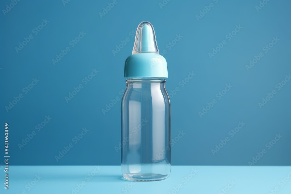 Clear glass baby bottle with a blue cap and nipple, isolated on a blue background, perfect for childcare and parenting visuals. Clear glass baby bottle with a blue cap and nipple, isolated on a blue background, perfect for childcare and parenting visuals.