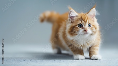 Beautiful munchkin kitty on a plain background looking at the camera.
