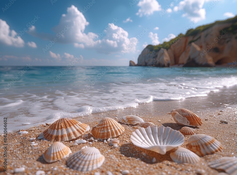 Beautiful sandy beach with a blue sky and sea background, depicting a summer vacation concept. Beautiful sandy beach with a blue sky and sea background, depicting a summer vacation concept.