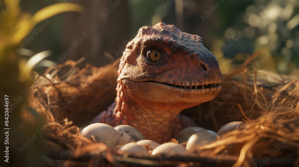 Obraz premium Dinosaur in nestle in forest in prehistoric environment. Photorealistic.