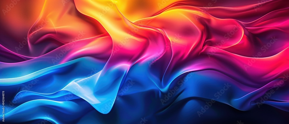 Obraz premium Grainy gradient background blue red yellow abstract glowing color wave black backdrop, noise texture banner poster header design 