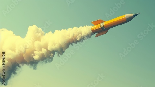 Pencil rocket launching into sky, creativity and innovation concept