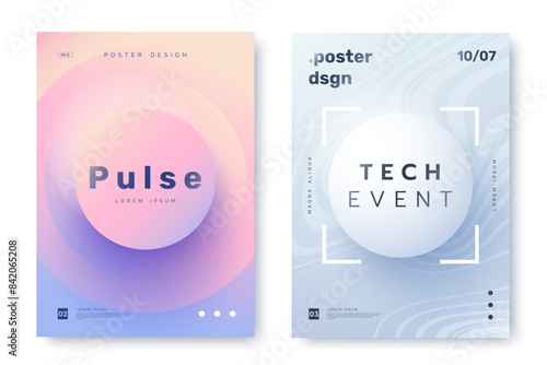 Modern poster design with gradient round sphere in the center. Colorful gradient banner design with place for text. 3d style. Ideal for tech event invitation, ad, cover.