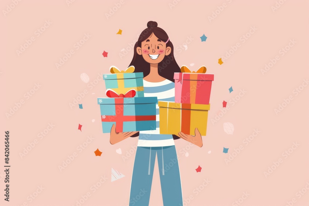 Happy Woman Holding Gift Boxes, Holiday Celebration Concept Happy Woman Holding Gift Boxes, Holiday Celebration Concept