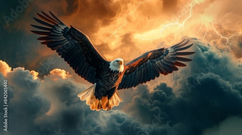A bald eagle flying in sky in thunderstorm. © Joyce