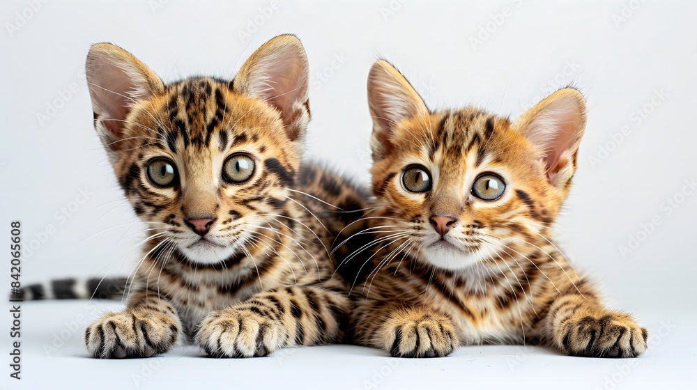Two bengal cats lying together and looking at camera. Isolated on white background. Two bengal cats lying together and looking at camera. Isolated on white background.