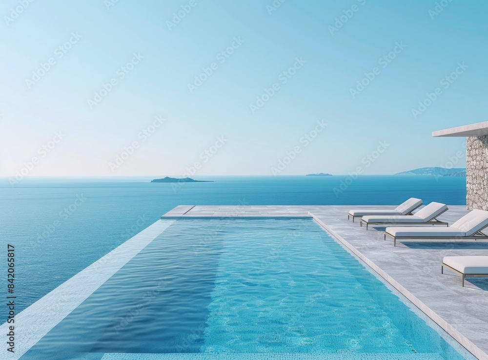 Fototapeta premium Beautiful swimming pool with sunbeds and blue sea view in the background.