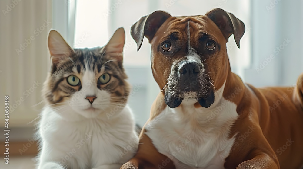 Obraz premium Dog and cat lying together on the floor and looking at the camera.