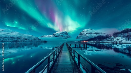 Beautiful aurora northern lights in night sky with lake pedestrian bridge snow forest in winter. photo