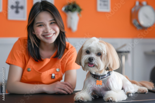 Smiling woman in orange uniform with a happy dog in a pet grooming salon.. photo