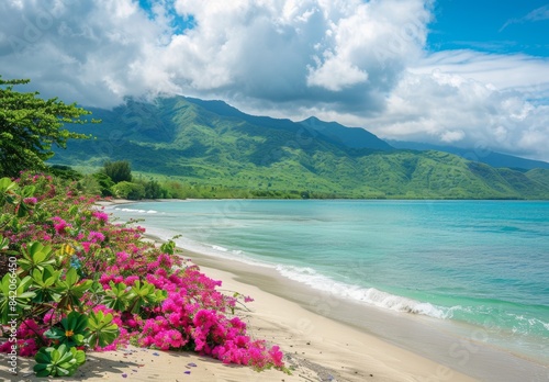 beautiful tropical beach with lush green mountains in the background, white sand and turquoise water