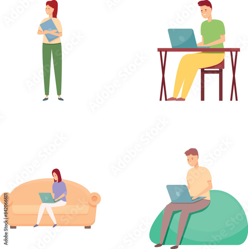 Freelance icons set cartoon vector. Young people work in comfortable condition. Self employed concept
