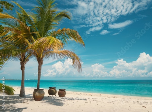 Beautiful tropical beach with palm trees and chairs in the shape of pots on white sand  turquoise water against blue sky background in Miami  Florida.