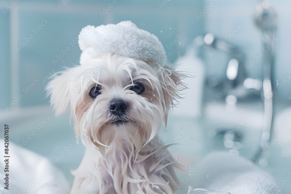 A small adorable Maltese dog with wet fur is looking curiously while sitting in a bubble bath. Grooming process. A small adorable Maltese dog with wet fur is looking curiously while sitting in a bubble bath. Grooming process.