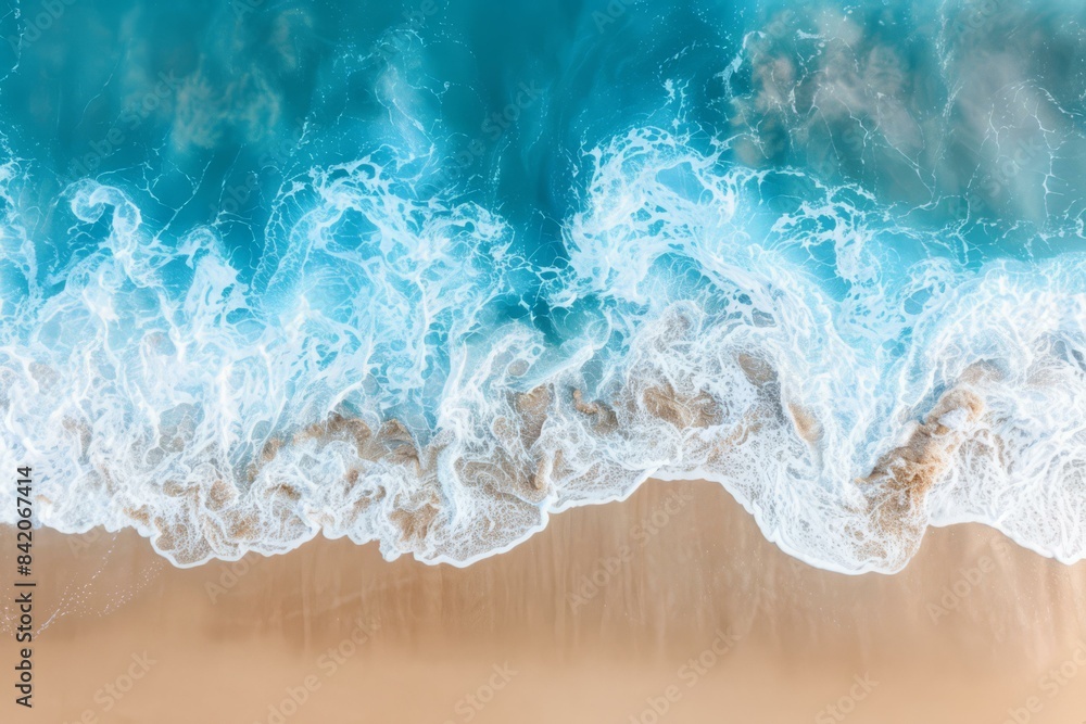 Aerial View of Ocean Waves Crashing on Sandy Beach, Coastal Nature Background Aerial View of Ocean Waves Crashing on Sandy Beach, Coastal Nature Background
