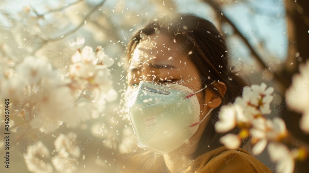 A person wearing mask protection against pollen in allergy season A person wearing mask protection against pollen in allergy season