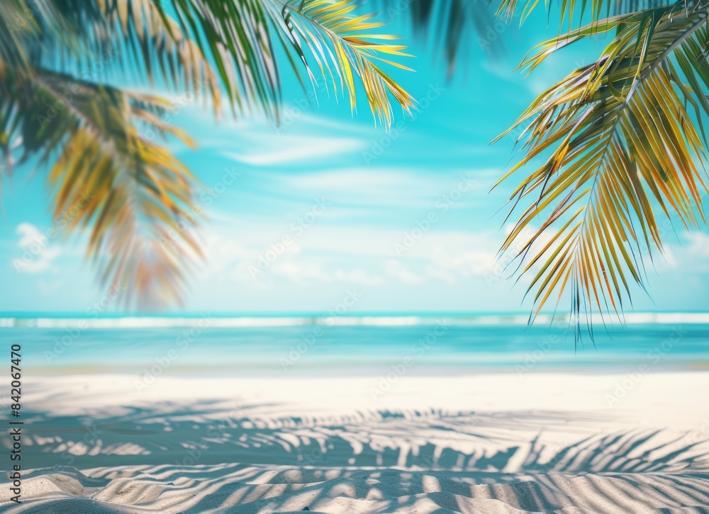 Beautiful tropical beach with white sand and palm trees on a blurred blue sky background.