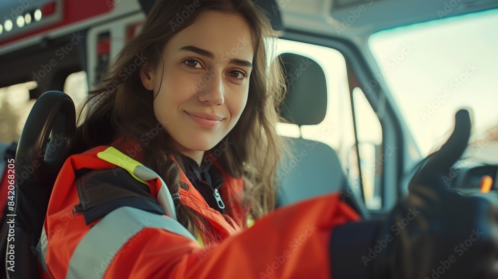 Portrait of a happy female rescue personnel staff with thumbup gesture Portrait of a happy female rescue personnel staff with thumbup gesture