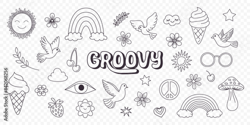 Vector Vintage Black and White Groovy Icons, Design Elements for Poster, Sticker Design. Retro Symbol in Hippie 70s Style, Mushroom, Flowers, Eye, Anti-War Peace Symbols. Vector Illustration