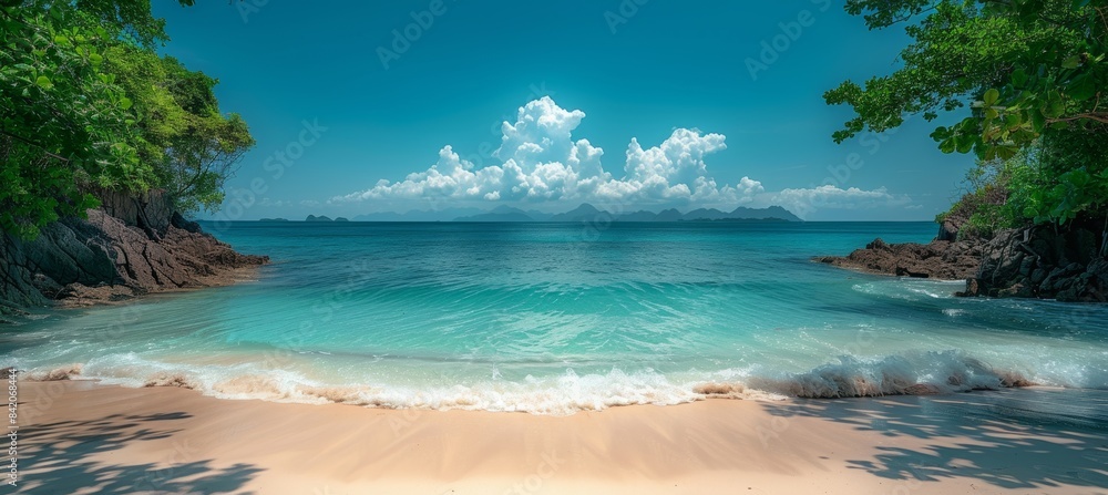 Fototapeta premium Beautiful white sand beach with blue sky and turquoise sea water in Thailand, tropical background for summer vacation concept