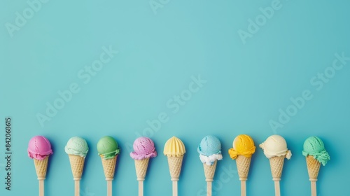 Joyful Indulgence, Multiple Spoons Taste Colorful Scoops from One Cone, with copy space for text
