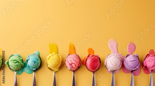 Joyful Indulgence, Multiple Spoons Taste Colorful Scoops from One Cone, with copy space for text