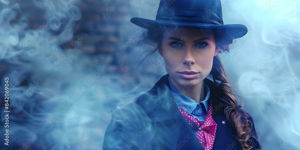 Victorian Female Detective Solving Murder Mystery in a Foggy United Kingdom Setting. Concept Victorian, Female Detective, Murder Mystery, Foggy Setting, United Kingdom Victorian Female Detective Solving Murder Mystery in a Foggy United Kingdom Setting. Concept Victorian, Female Detective, Murder Mystery, Foggy Setting, United Kingdom