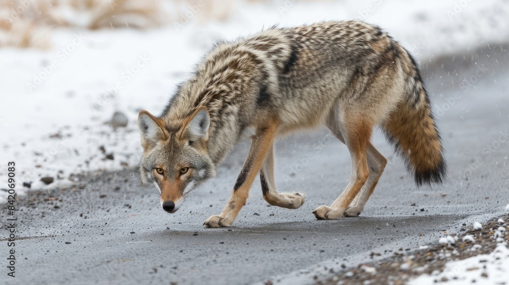 A mature Coyote searching for a complimentary meal A mature Coyote searching for a complimentary meal