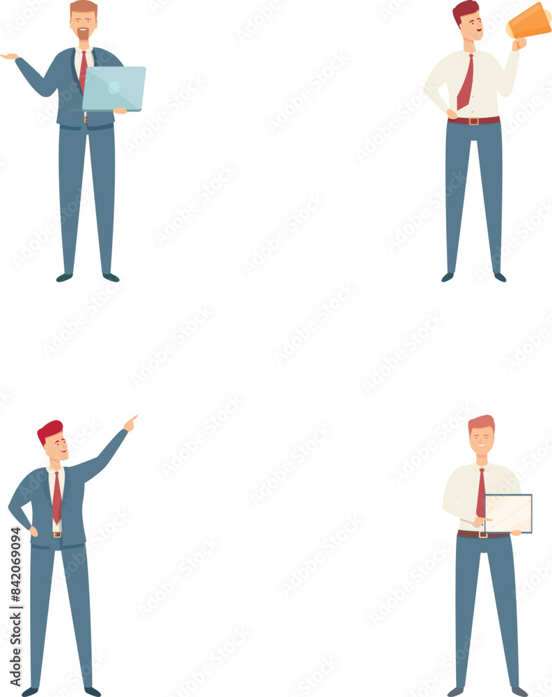 Businessman icons set cartoon vector. Young male executive in business suit. Work, career Businessman icons set cartoon vector. Young male executive in business suit. Work, career