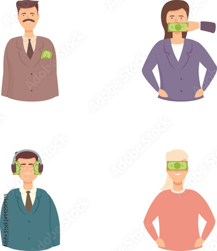Lobby icons set cartoon vector. Money influence on legislator action. Politics, law