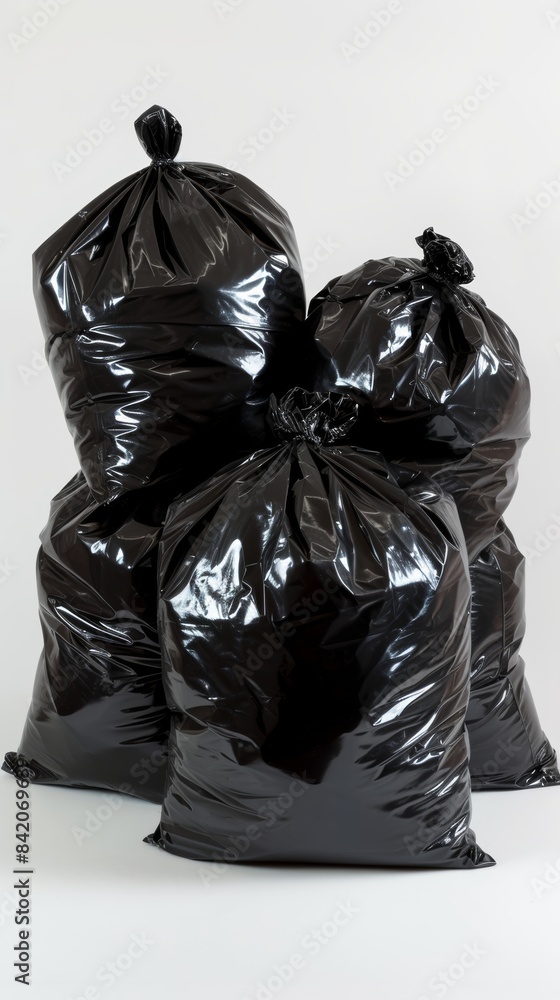 Stack of black garbage bags on clean white background, waste management concept Stack of black garbage bags on clean white background, waste management concept