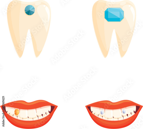Dental jewelry icons set cartoon vector. Human tooth decorated with gem. Aesthetic dentistry