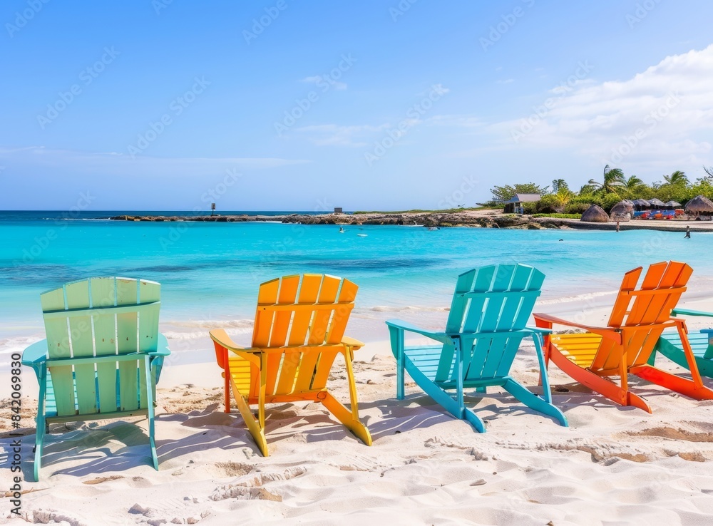 Colorful beach chairs on the white sand of a tropical Caribbean island, with clear blue water and sky in the background. Colorful beach chairs on the white sand of a tropical Caribbean island, with clear blue water and sky in the background.
