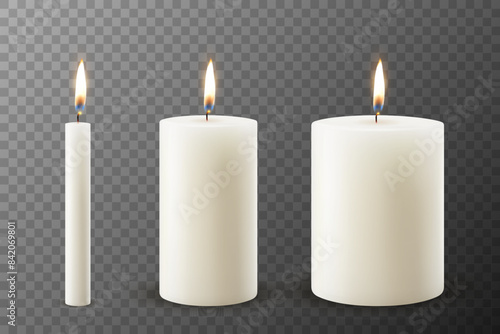 Vector 3D Realistic Paraffin Wax Burning Party Spa Candle and Burning Flame Set Closeup Isolated. Candle, Candle Flame Design Template for Relaxation, Wellness, and Celebration Concept, Front View