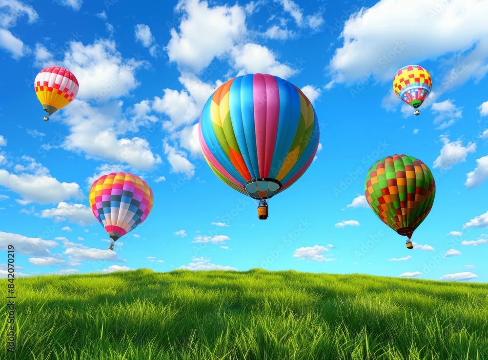 Naklejka premium Colorful hot air balloons flying over a green grassy field against a blue sky with white clouds