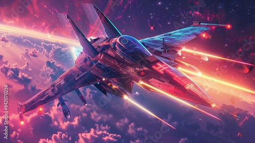 futuristic air space fighter jet, military fiction aircraft taking combat, fantastic army jet, sci-fi cosmos wars concept
