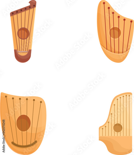Classic gusli icons set cartoon vector. Slavic stringed musical instrument. Chord equipment photo
