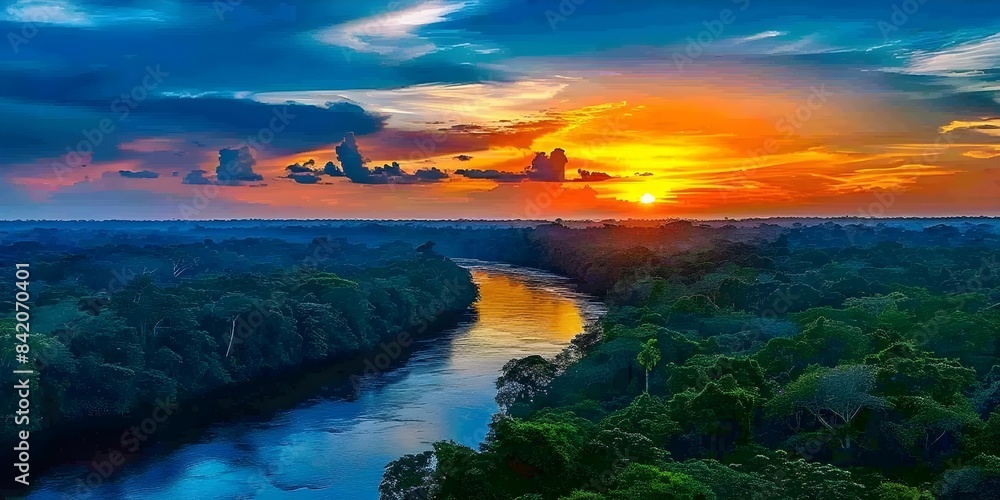 Obraz premium Sunset over river flowing through lush forest A picturesque view. Concept Nature photography, Sunset scenes, Rivers and forests, Landscape beauty, Scenic views